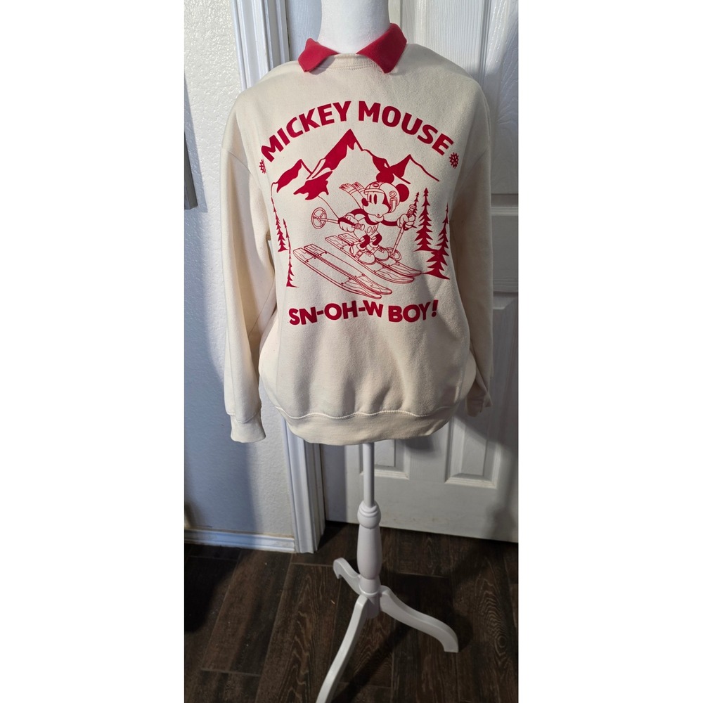 Disney Mickey Mouse Skiing Sweatshirt Cream Red Collar Sn-Oh-W Boy Pullover M